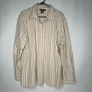 Denim & Co Company Long Sleeve Shirt M Striped Tan Seersucker Button Down Up‎